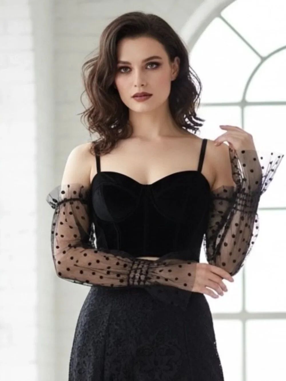 Black Polka Dot Tulle Arm Sleeves Velvet Flocked Mesh Arm Covers Ruffle